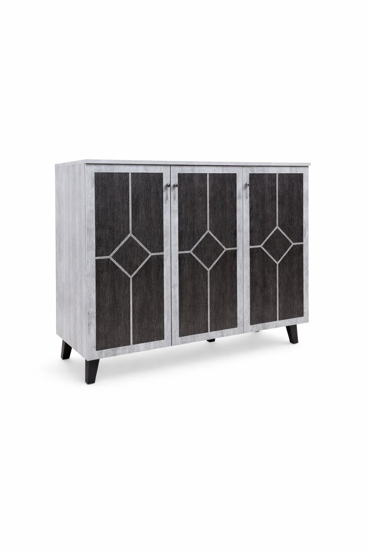 Modern Grey Wood Shoe Cabinet 3-Door Entryway Organizer Rack Geometric Design 120cm Width