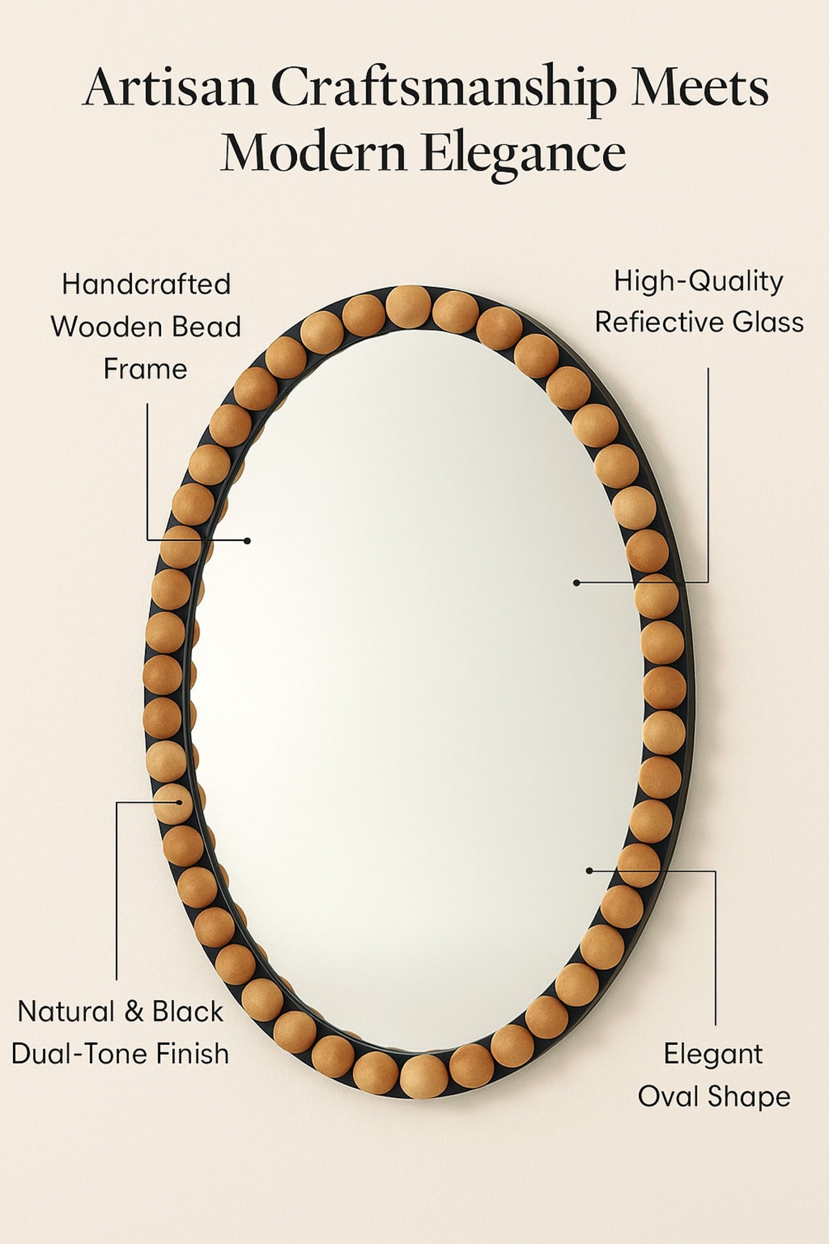 Oval Decorative Wall Mirror with Wooden Bead Frame Natural & Black 60_90 cm