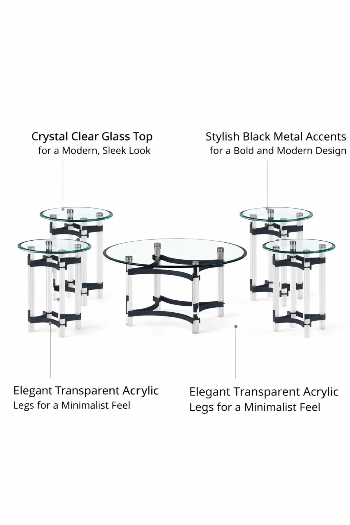 5-Piece Glass Coffee Table Set with Black Acrylic and Chrome Base √ê Modern Design for Living Room