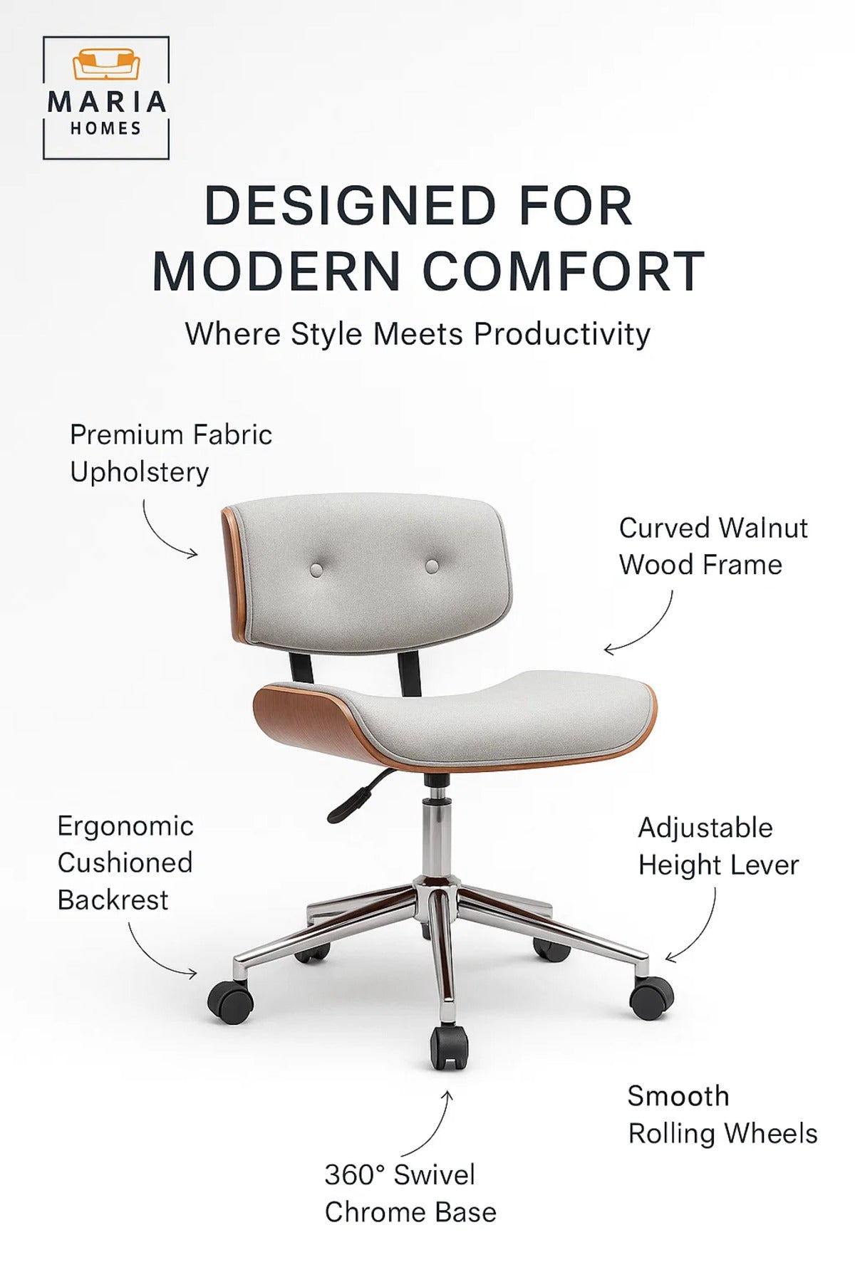 Light Grey Mid-Century Office Chair, Adjustable Swivel Desk Chair with Wheels and Cushion