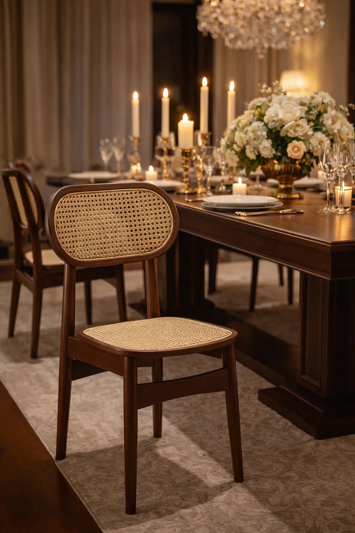 Dark Brown Wooden Rattan Dining Chair 68cm Height Natural Cane Seat Modern dark brown