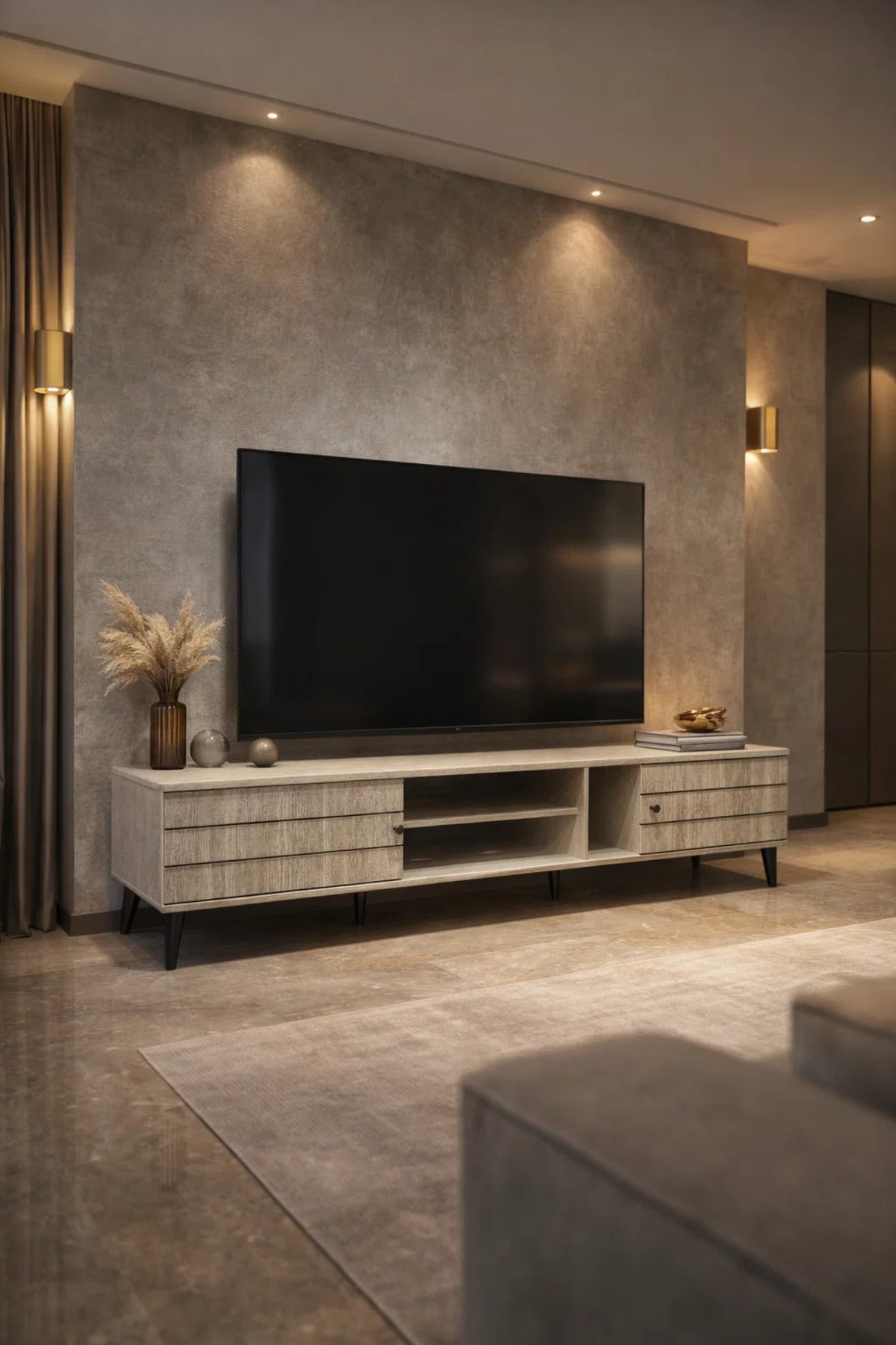 Modern Beige TV Unit 200cm Wide Media Stand Console Table with Storage for Living Room Design