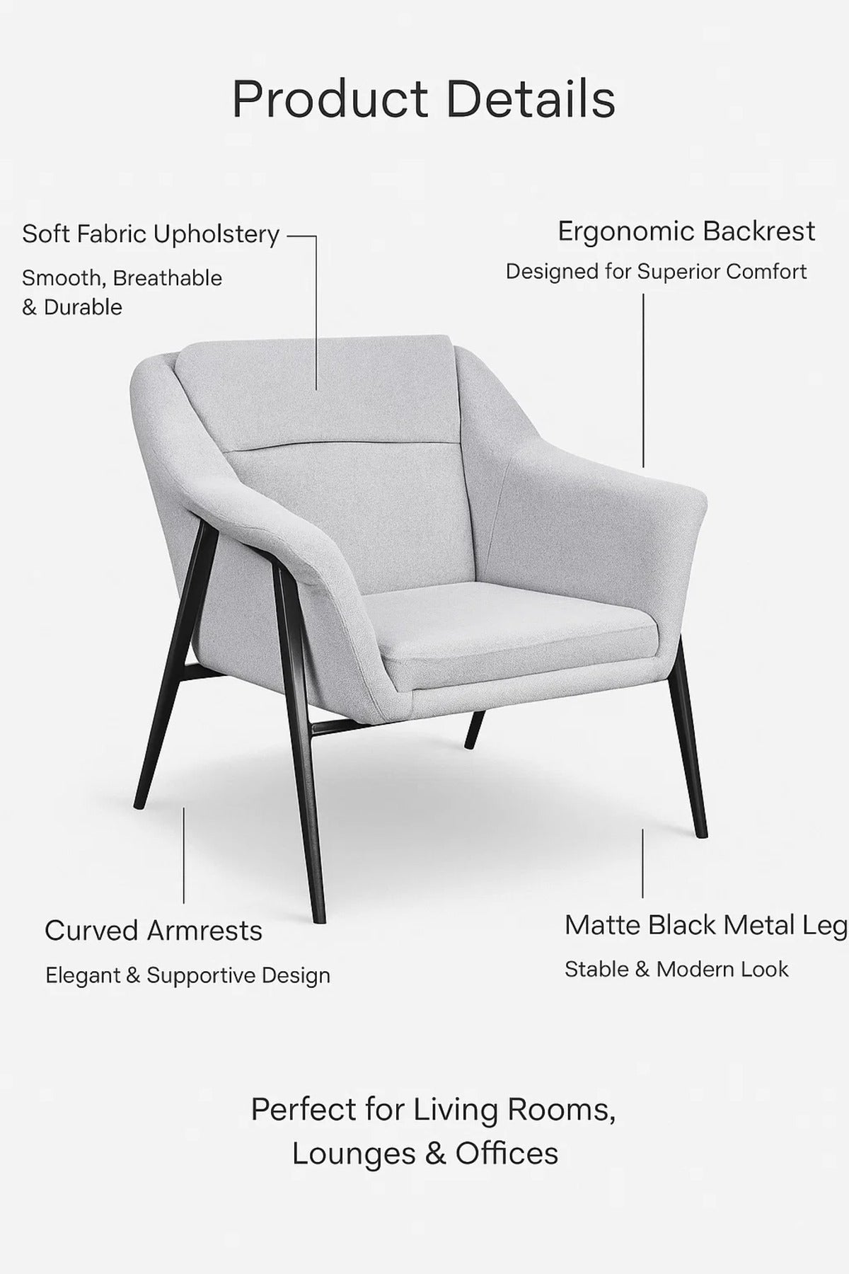 Light Grey Fabric Lounge Chair, Modern Armchair for Living Room, Bedroom, Entryway & Office Cabin