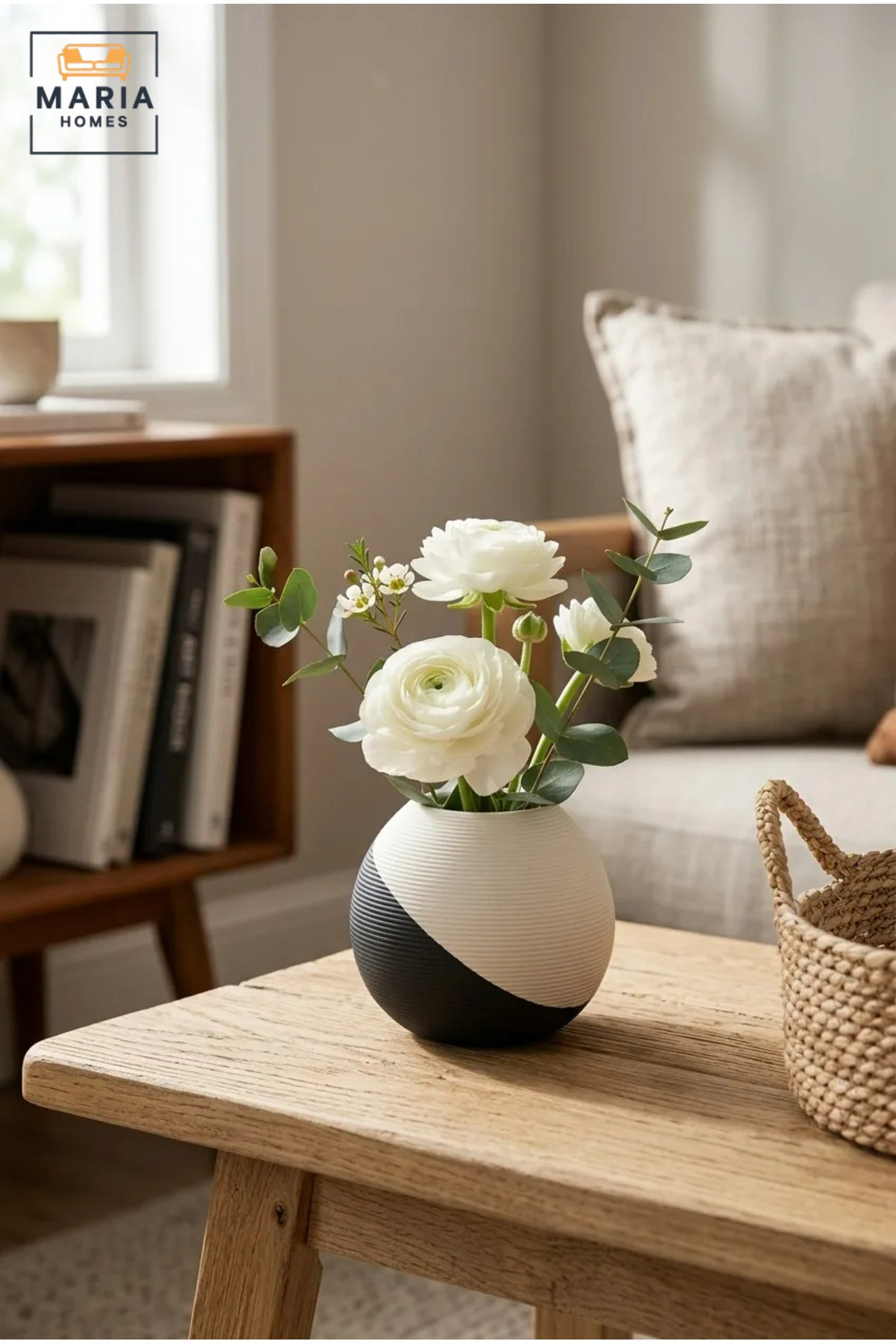Modern Decorative Flower Vase with Two-Tone Abstract Design, Round Shape and Ribbed Texture for Living Room, Bedroom, Office, Shelf and Console Décor