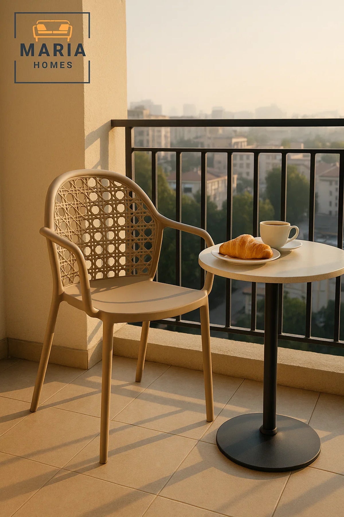 Beige Rattan Plastic Armchair Ð Modern Outdoor and Indoor Lightweight Garden Chair with Woven Back