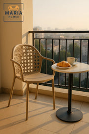 Beige Rattan Plastic Armchair Ð Modern Outdoor and Indoor Lightweight Garden Chair with Woven Back