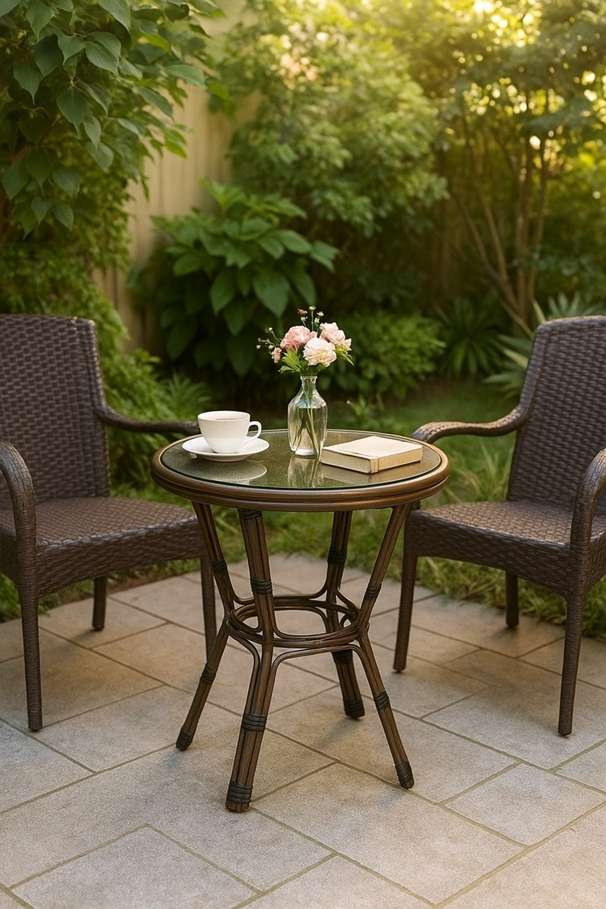 Round Rattan Coffee Table Ð Brown Outdoor & Indoor Table with Glass Top