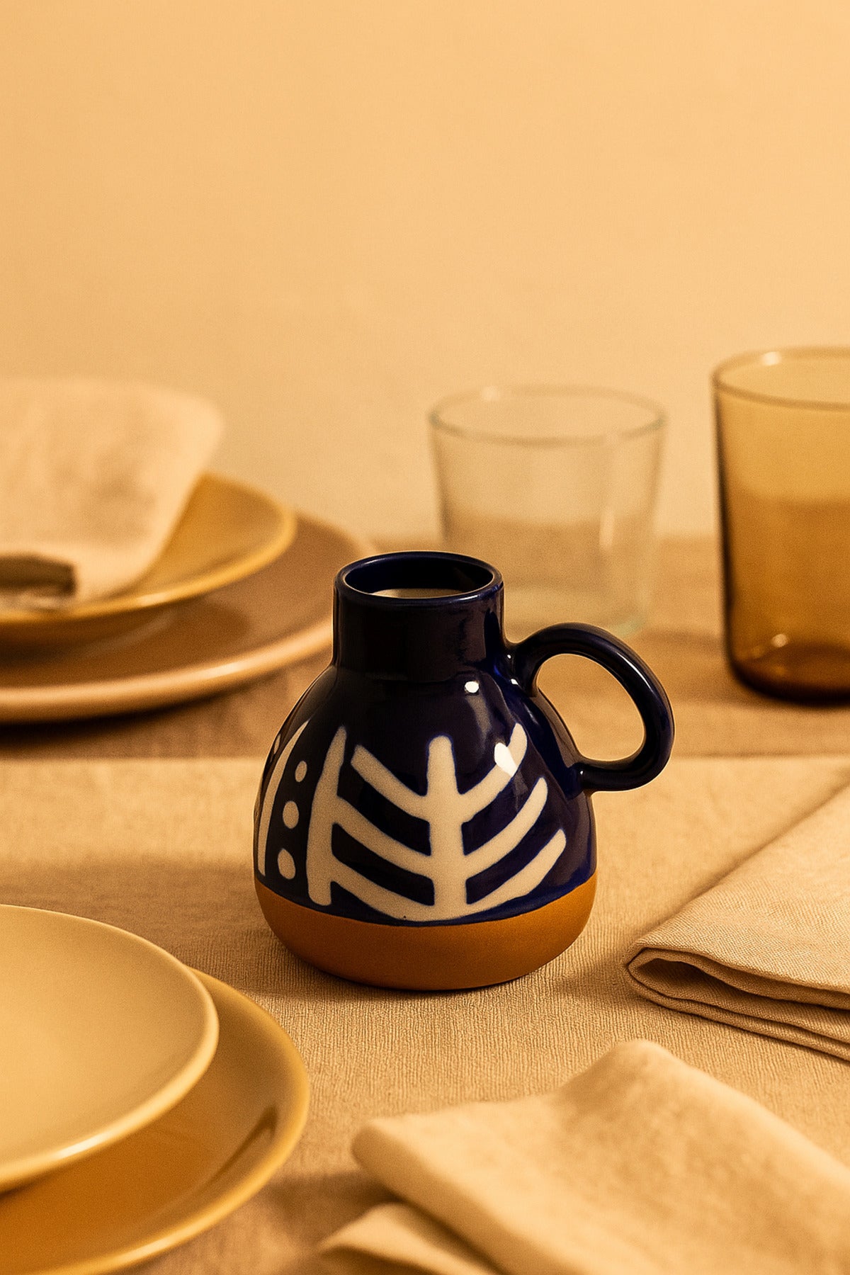Dark Blue and White Ceramic Jug Ð Handcrafted Geometric Decorative Vase
