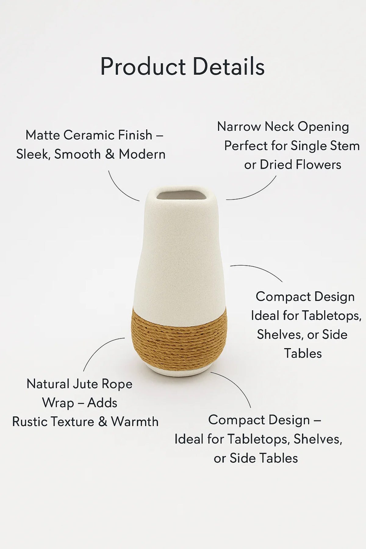 White Ceramic Tall Rope Vase Ð Modern Decorative Flower Pot for Home and Office DŽcor