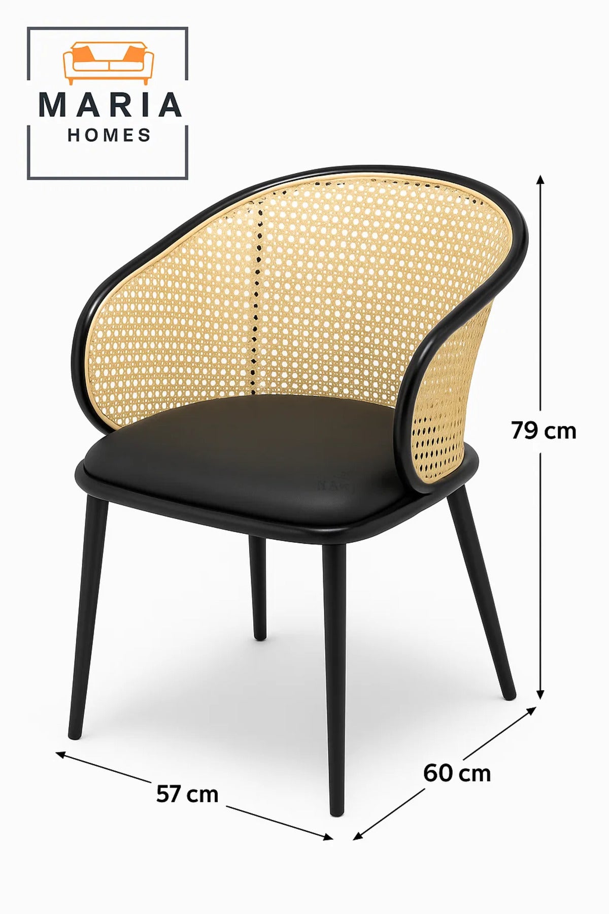 Modern Rattan Backrest Barrel Chair with Black Cushion Seat Ð Stylish Cane Accent Chair for Dining
