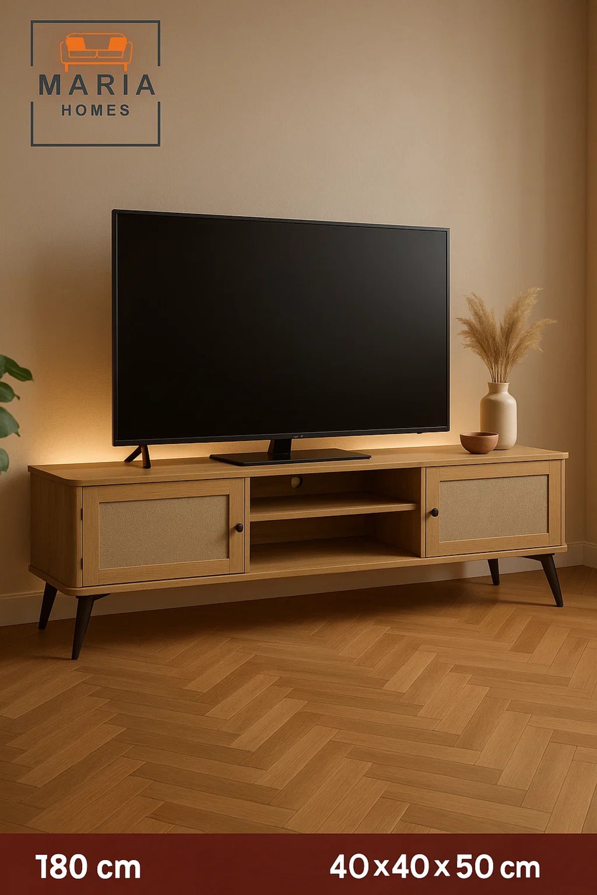 Modern Light Wood Tv Stand With Fabric Doors And Metal Legs Ð 180x40x50 Cm Entertainment Console