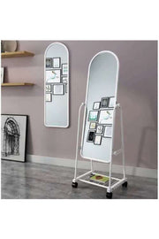 Full-Length White Mirror with Wheels and Storage Rack Standing Dressing Mirror for Bedroom