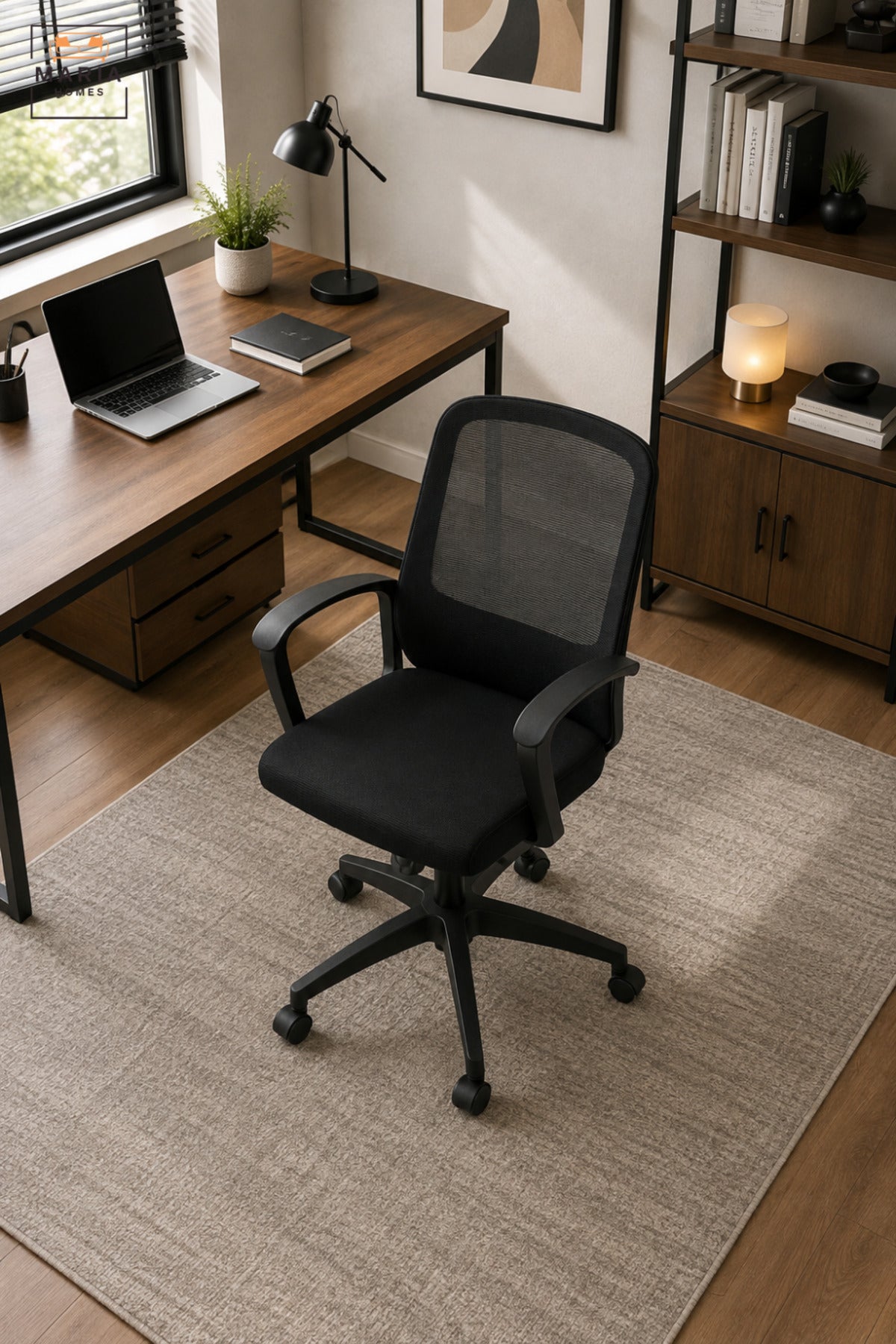 Modern Black Mesh Office Chair with High Backrest, Padded Seat, Armrests, Adjustable Height & Rolling Wheels for Home Office Study Workspace