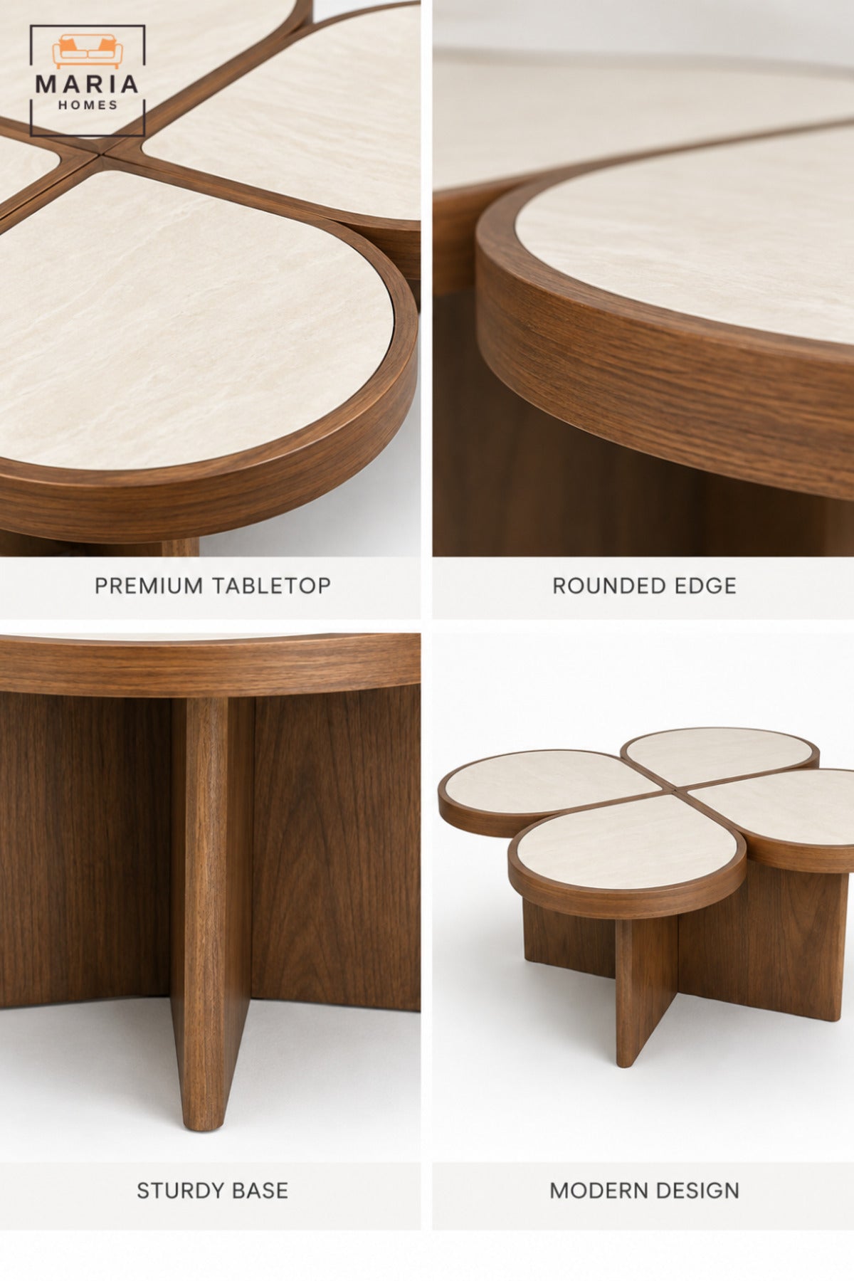 Modern Flower-Shaped Coffee Table with 4 Round Petal Tops, Wood Finish Base and Contemporary Design for Living Room & Lounge – 95.5 × 42 CM