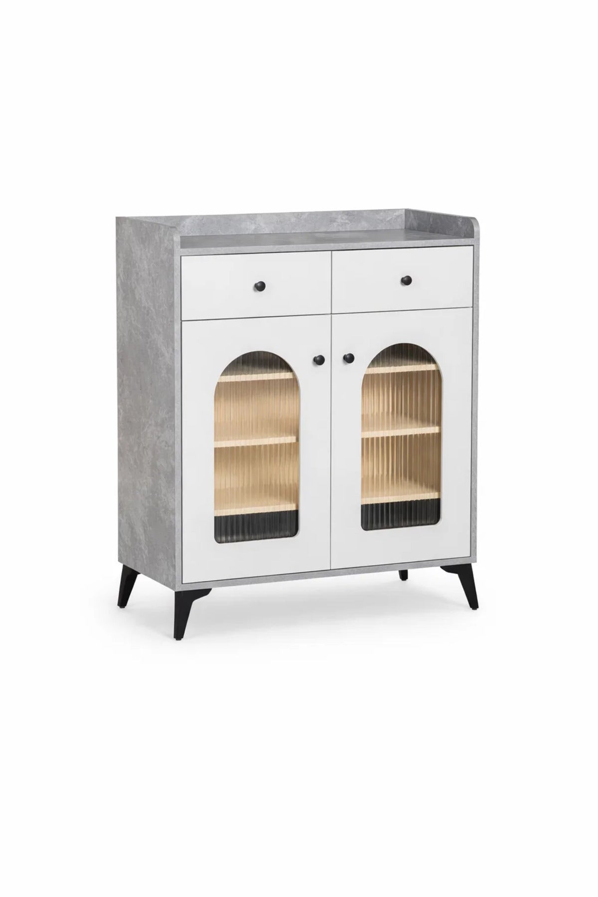 Modern 80cm Shoe Cabinet with Drawers and Arched Glass Doors for Stylish Entryway Organization