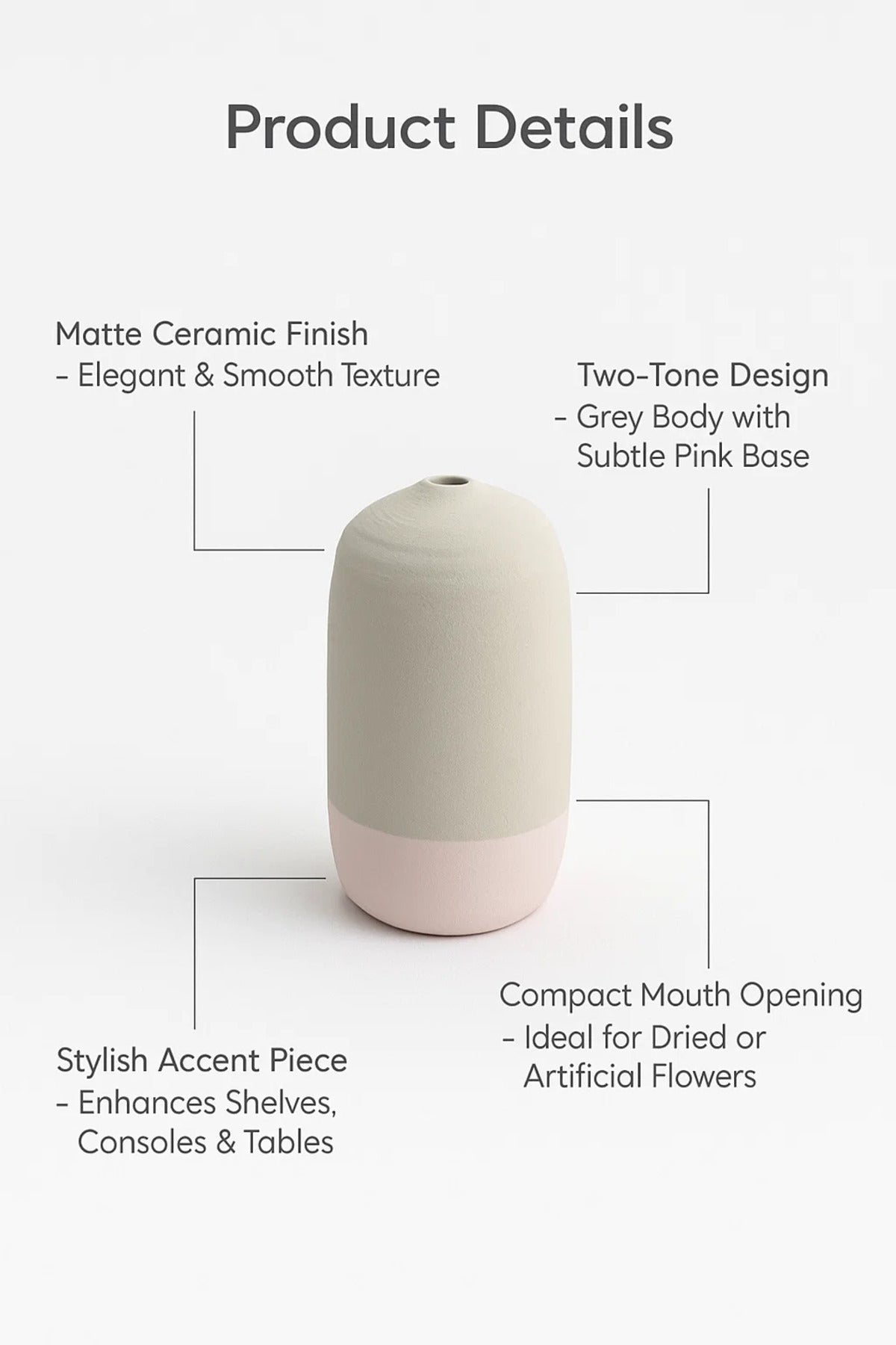 Grey and Pink Ceramic Decorative Vase Ð Modern Minimalist Flower Pot for Home and Office DŽcor