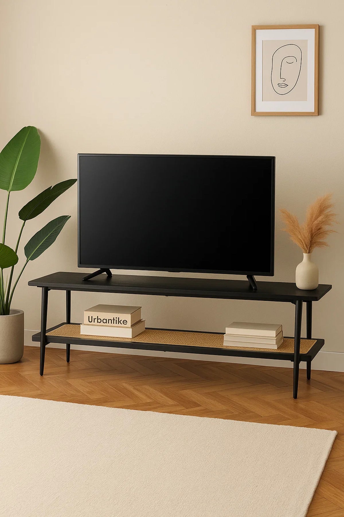 Contemporary Black TV Stand with Rattan Shelf Ð 160x40x50 cm Two-Tier Media Console