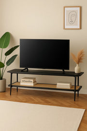 Contemporary Black TV Stand with Rattan Shelf Ð 160x40x50 cm Two-Tier Media Console
