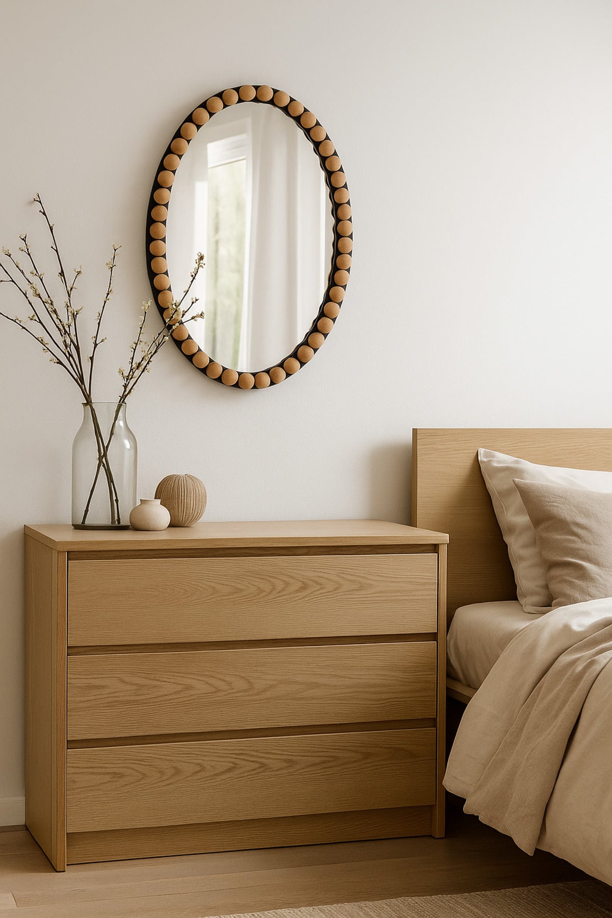 Oval Decorative Wall Mirror with Wooden Bead Frame Natural & Black 60_90 cm