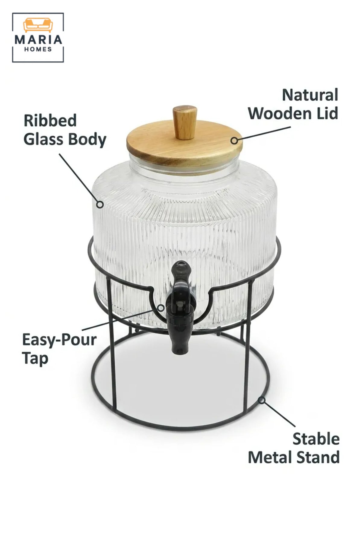 Glass Beverage Dispenser with Tap, Wooden Lid and Metal Stand, Drink Jar for Water, Juice, Lemonade, Iced Tea, Parties, Buffets and Home Use