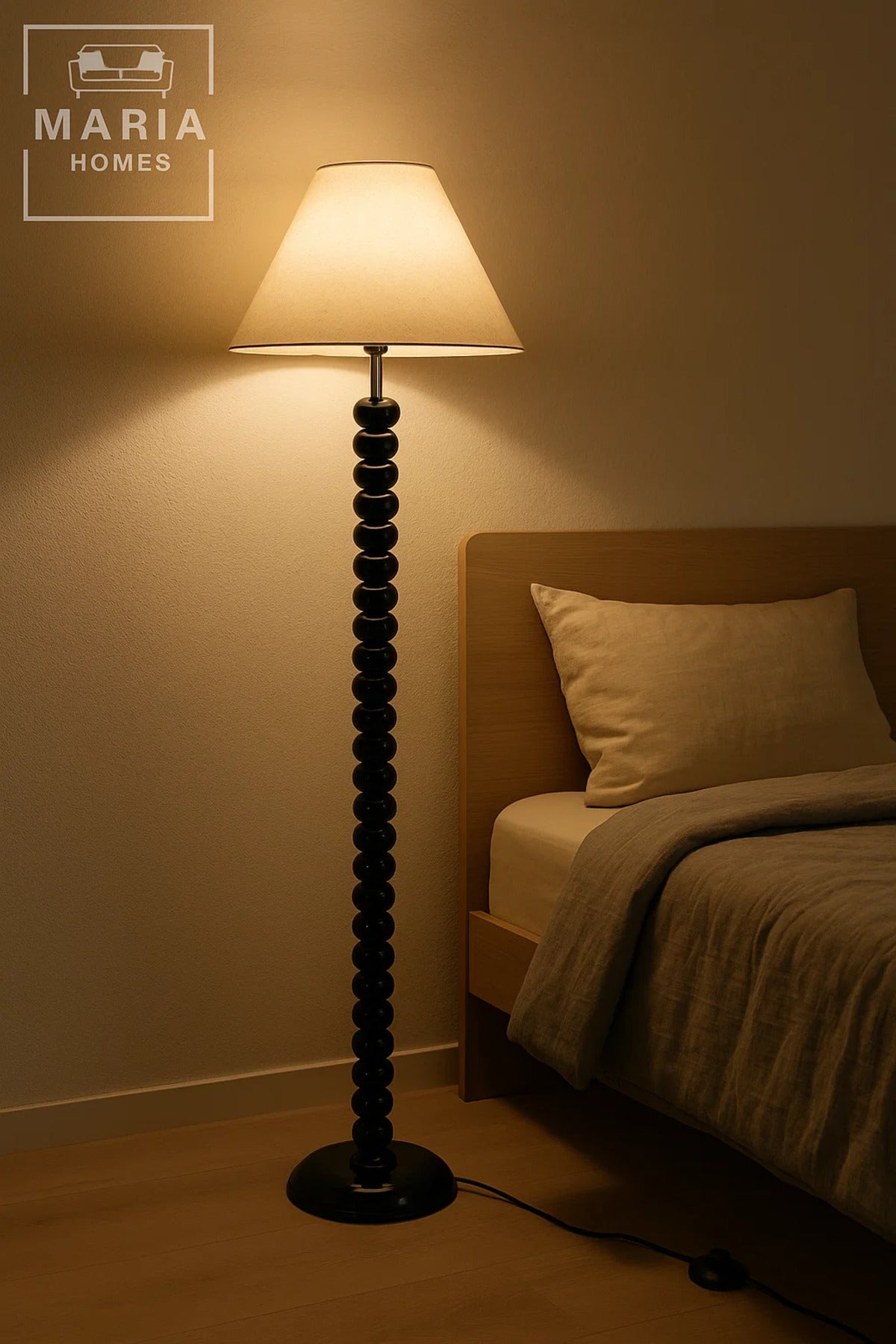 Glossy Black Beaded Floor Lamp with Cone Shade