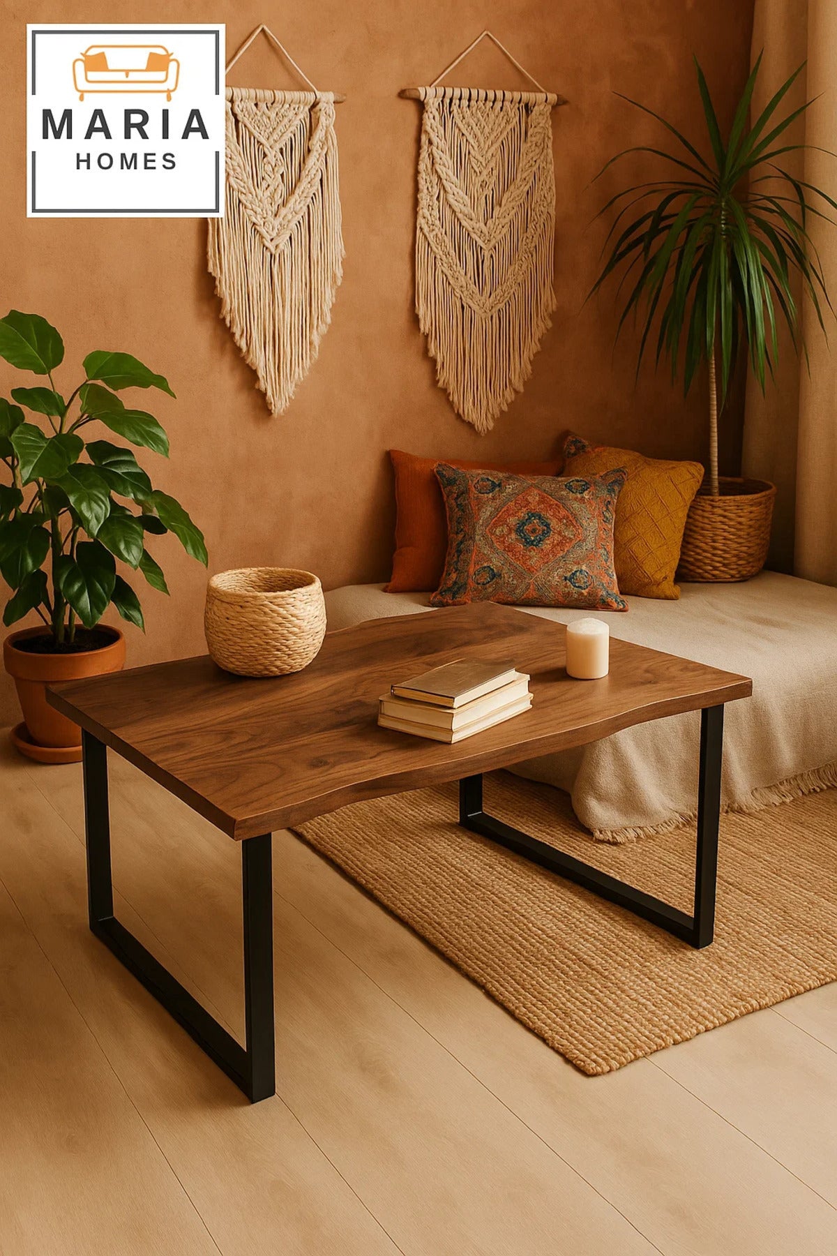 Center Table 120x60x45cm Ð Walnut Wood Finish with Black Metal Base for Modern Living Rooms