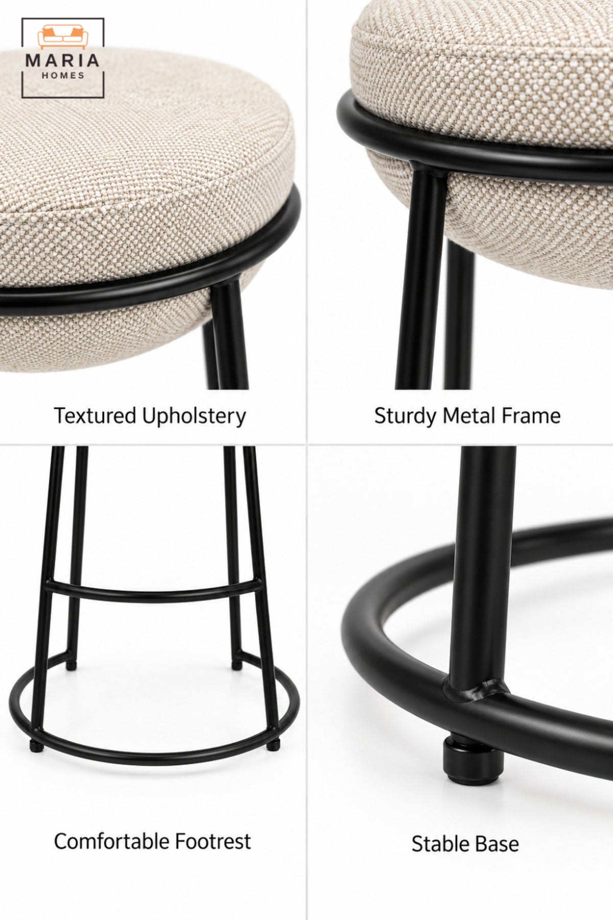 Modern Round Bar Stool with Padded Fabric Seat & Circular Footrest | Beige Upholstered High Counter Chair with Slim Black Frame for Kitchen and Café 70x33 cm