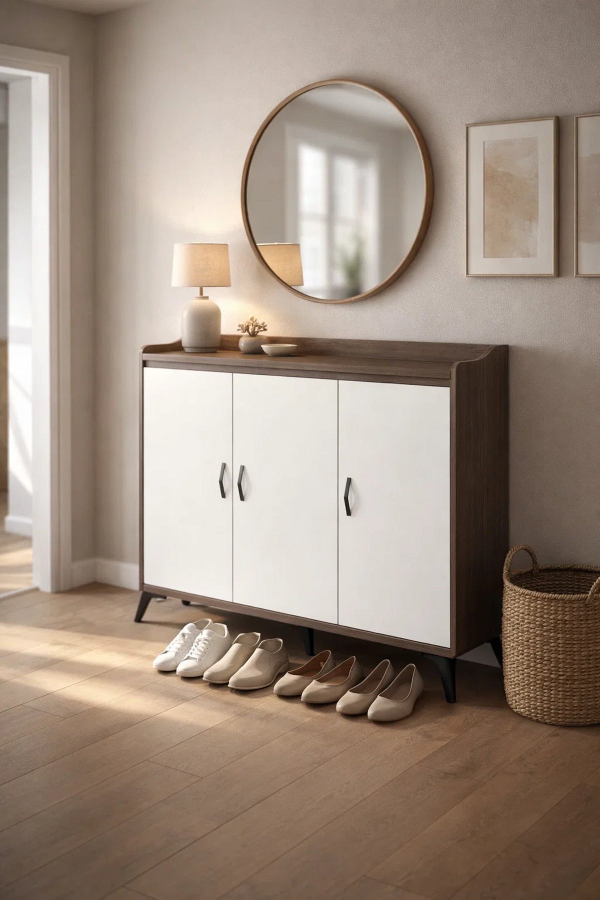 Modern Brown and White Shoe Cabinet Three Door Storage Organizer for Entryway Hallway 120x35x95cm