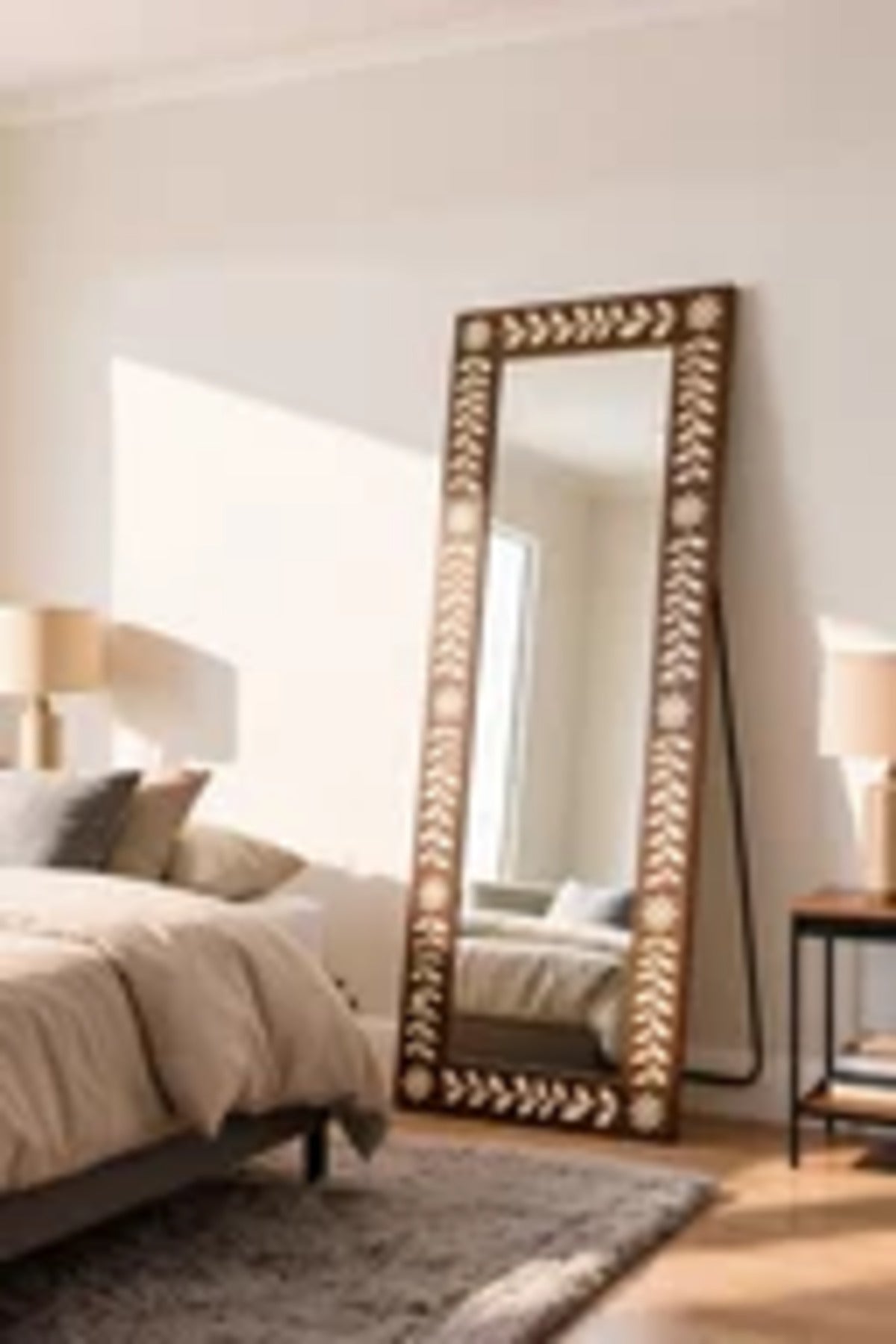 Full Length Mirror Natural Brown Floral Frame 160x60cm Bedroom Decor