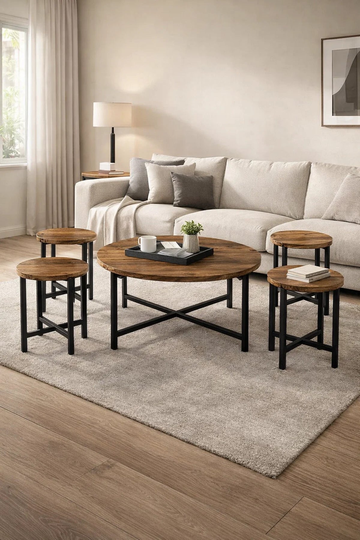 Industrial 5-Piece Round Coffee Table Set Rustic Brown Wood Center Table with 4 End Tables Home
