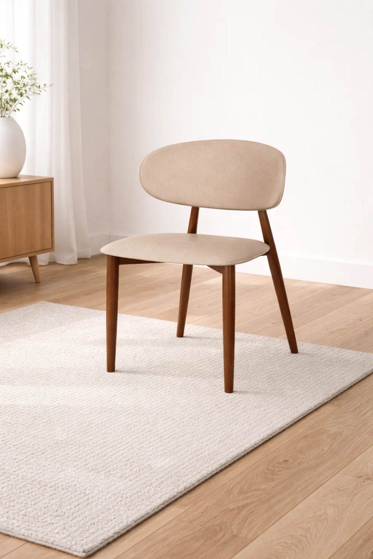 Modern Dining Chair Upholstered Seat with Wooden Legs Beige