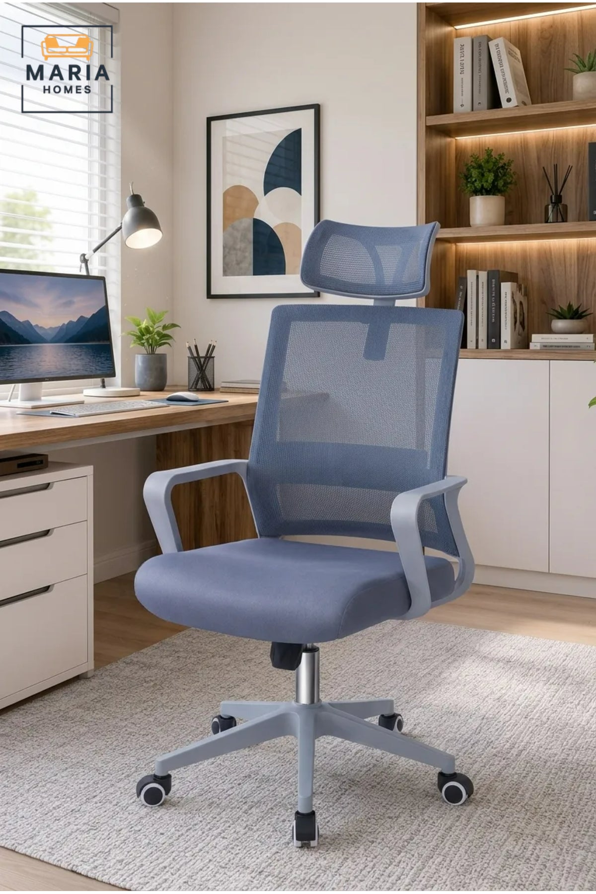 Blue Executive Mesh Office Chair with Adjustable Headrest, Ergonomic Support and Swivel Base