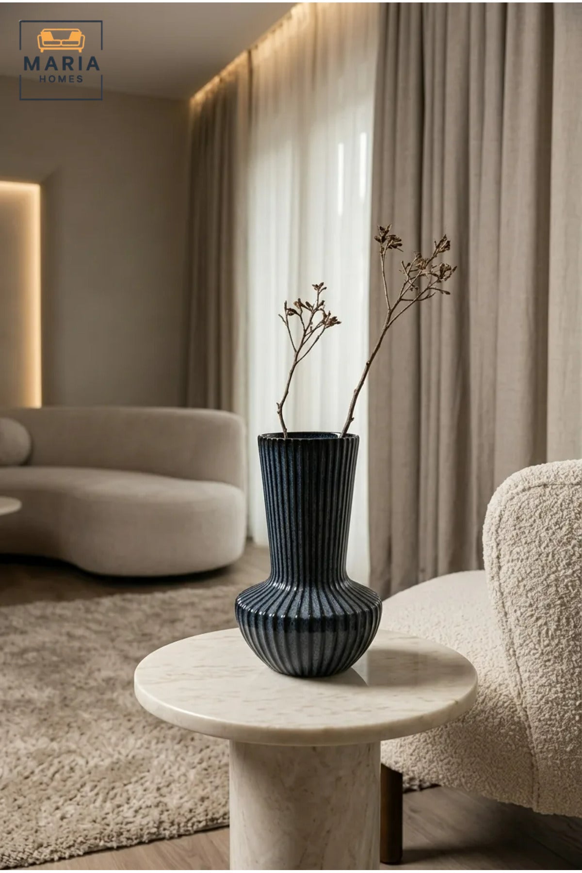 Blue Ribbed Decorative Vase, Modern Fluted Flower Holder with Rounded Base for Dried Flowers, Living Room, Bedroom, Office, Shelf and Table Décor