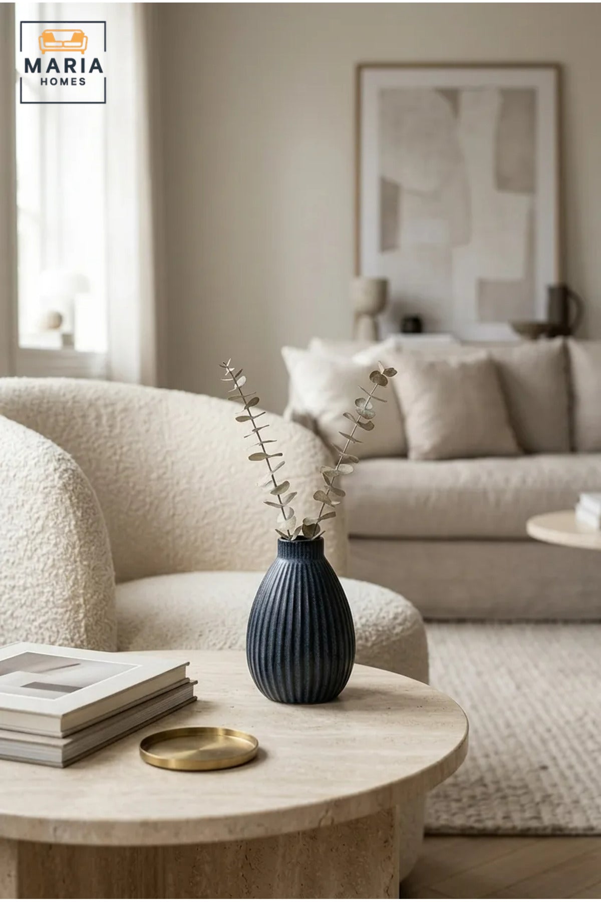 Blue Ribbed Decorative Vase, Modern Teardrop Flower Holder with Narrow Opening for Dried Flowers, Living Room, Bedroom, Office, Shelf and Table Décor