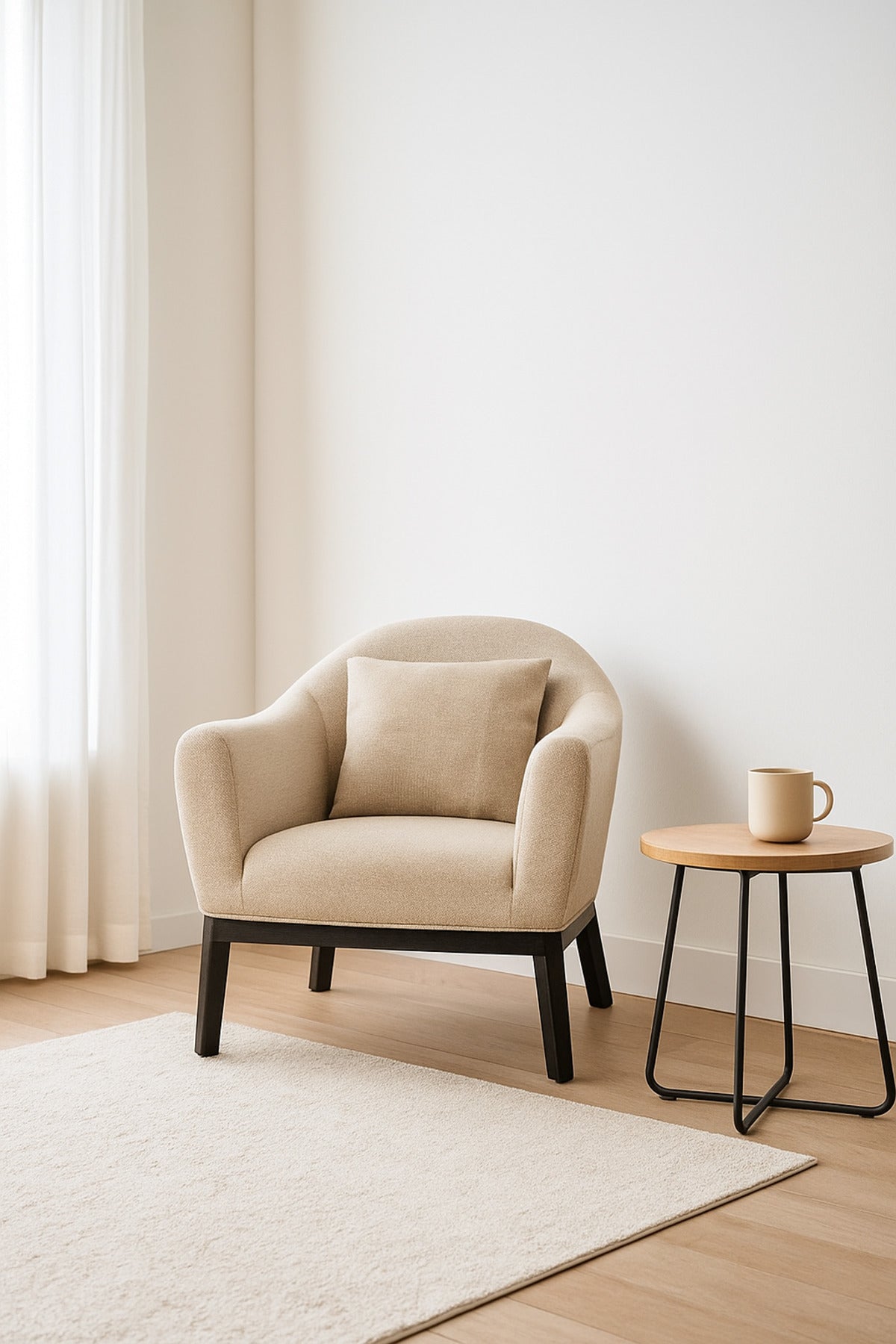 Beige Fabric Armchair Ð Modern Single Seater Lounge Chair with Cushion for Living Room & Office