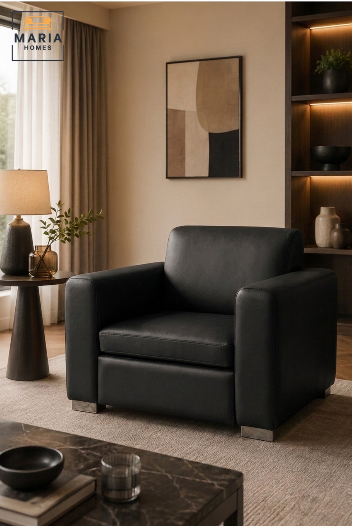 Modern Black Leather Armchair with Wide Padded Armrests, Cushioned Seat & Low Metal Feet, Contemporary Lounge Accent Chair for Living Room Office Reception