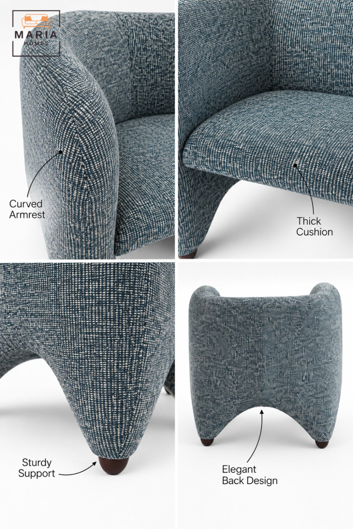 Modern Blue Upholstered Accent Chair with Curved Backrest, Padded Seat and Sculptural Design for Living Room, Bedroom, Lounge & Reception