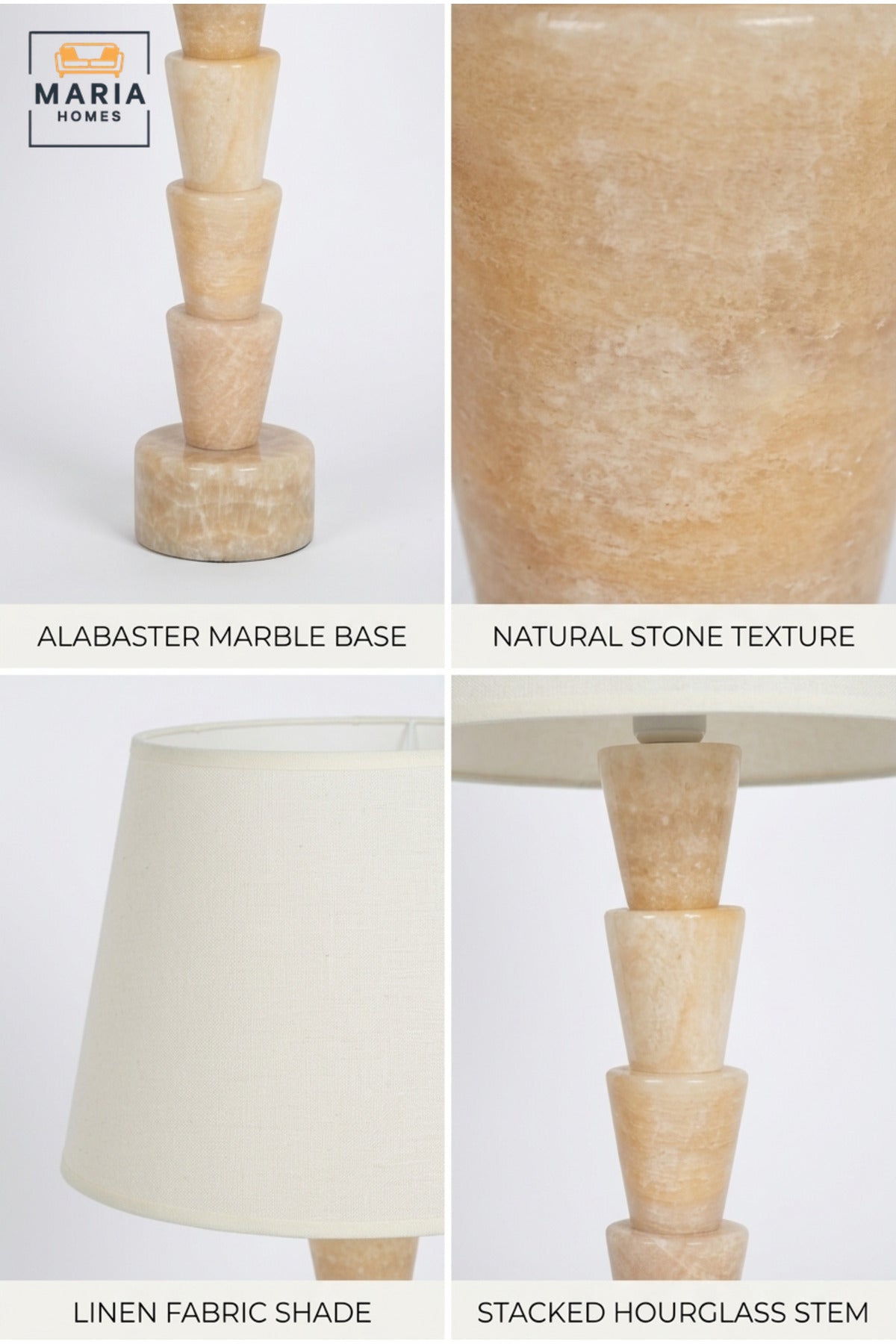 Luxury Sculptural Marble Table Lamp with White Fabric Shade and Geometric Stacked Base for Bedroom, Living Room, Office, Hotel and Bedside Décor