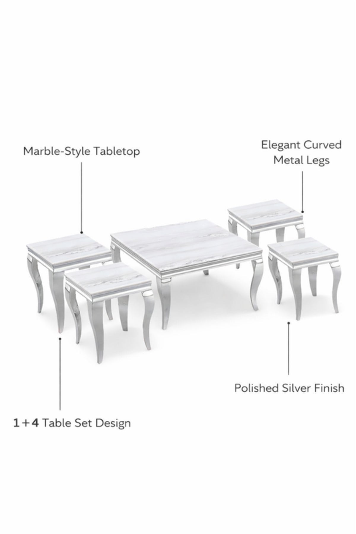 Silver Marble Style Coffee Table Set with 4 Side Tables silver marble style Center