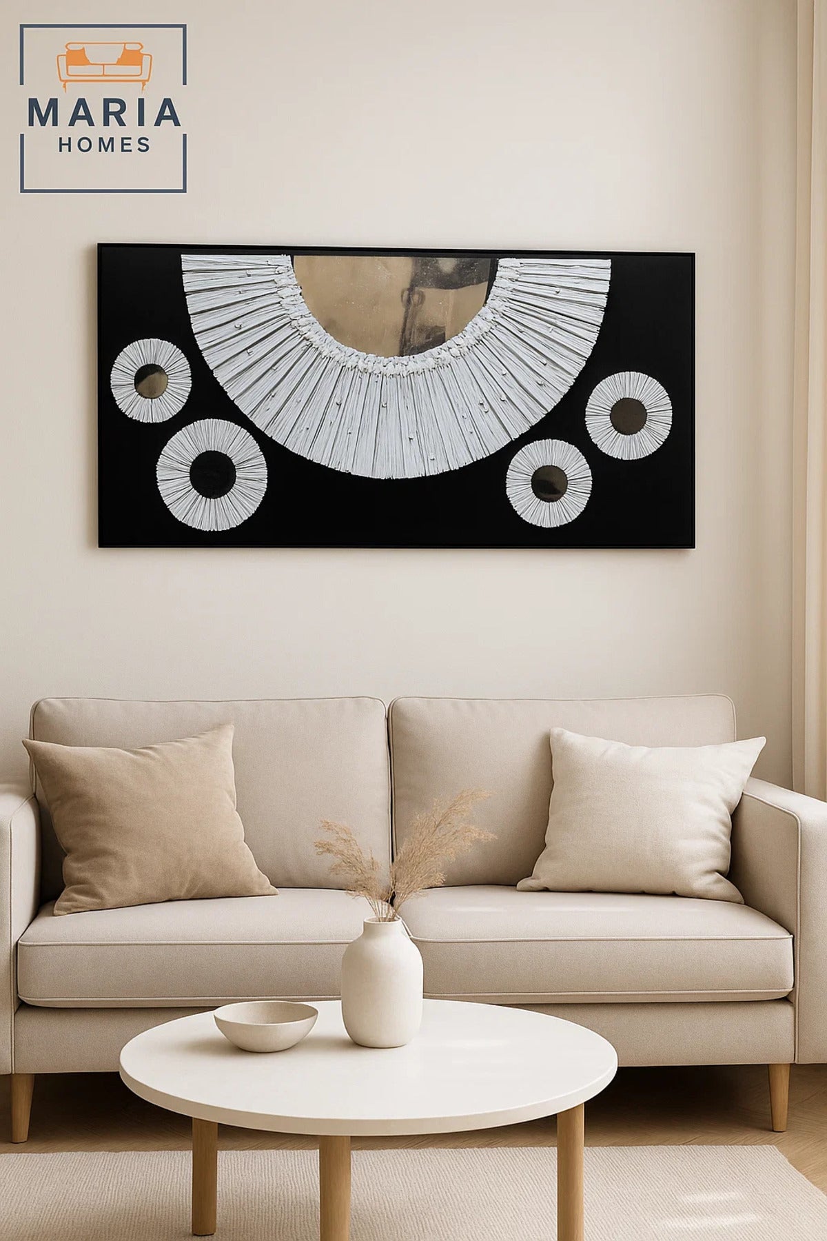 Black and White Circular Mirror Wall Art Ð Modern Textured Decor for Living Room & Office-140*70CM