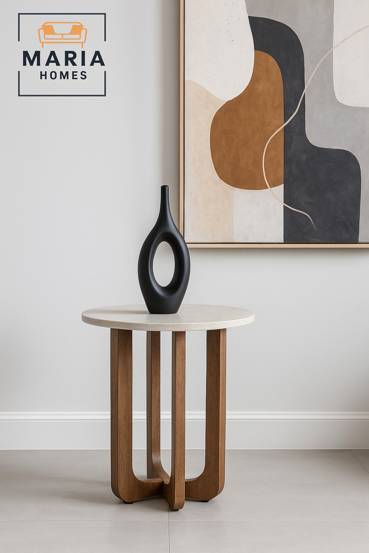 Round Side Table 45_55 cm Ð Modern Coffee Table with Faux Marble Top & Wooden Brown Legs