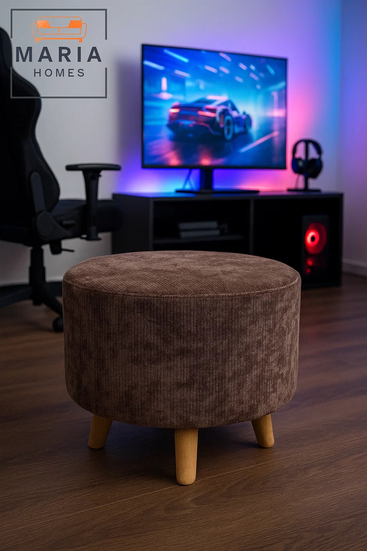 Round Brown Velvet Ottoman Stool Ð Modern Pouffe Footrest with Wooden Legs for Home Decor