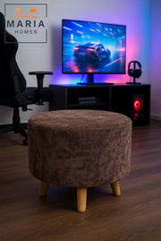 Round Brown Velvet Ottoman Stool Ð Modern Pouffe Footrest with Wooden Legs for Home Decor