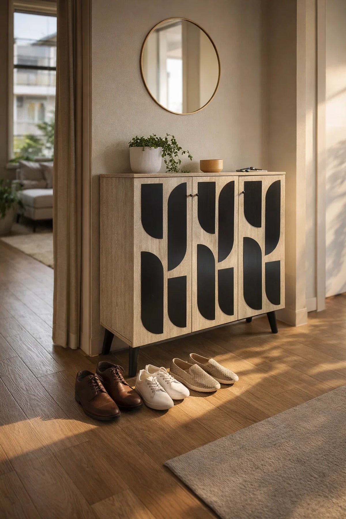 Beige Shoe Cabinet 90_34_91 cm √ê Modern Shoe Organizer with Decorative Doors
