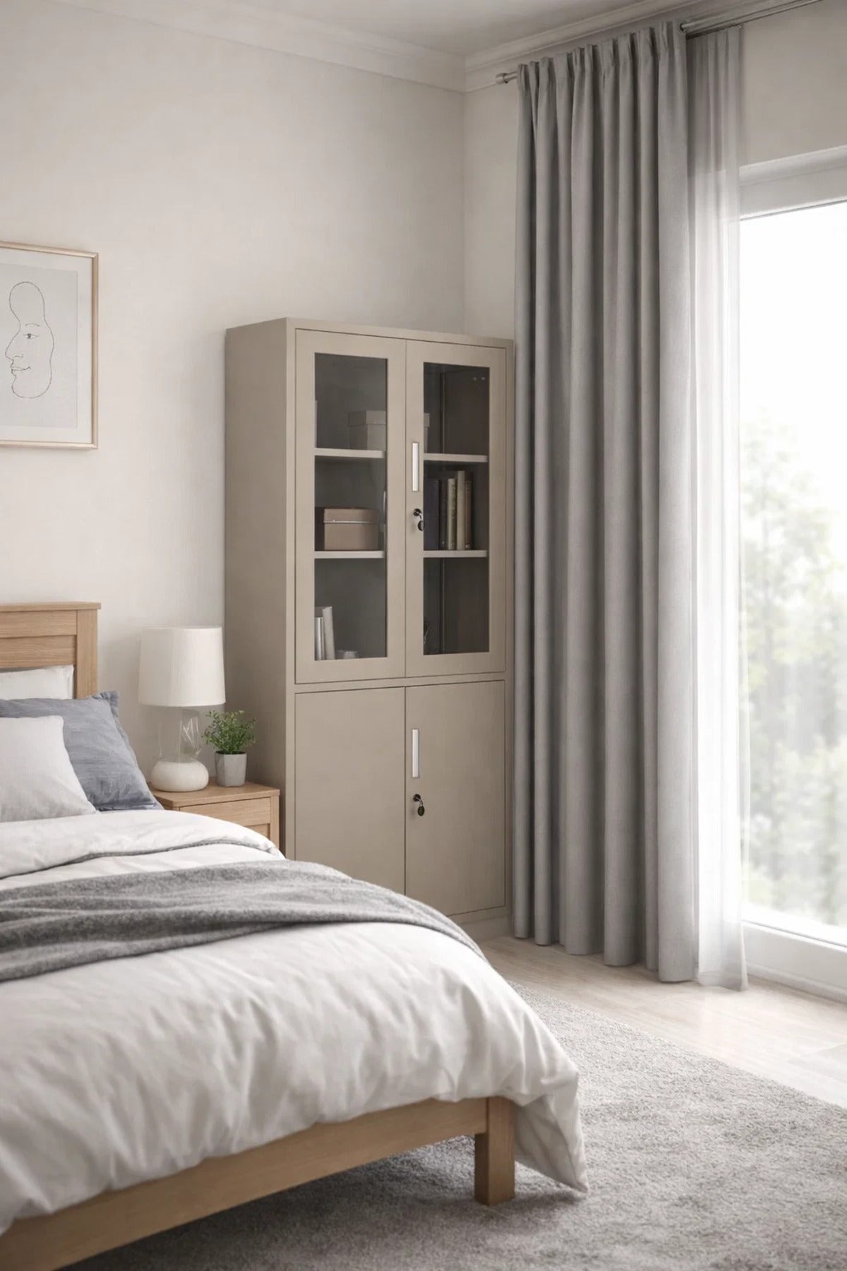 Beige Steel Storage Wardrobe Cabinet with Glass Doors and Lock for Office Document Organization