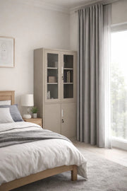 Beige Steel Storage Wardrobe Cabinet with Glass Doors and Lock for Office Document Organization