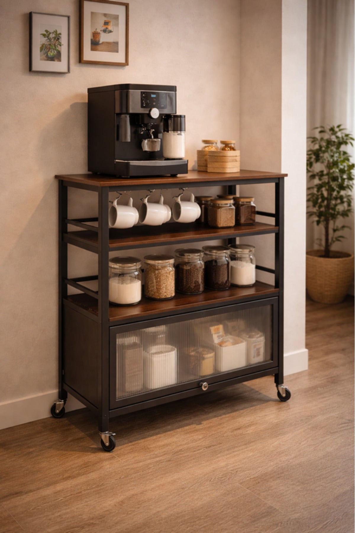 Multi-Tier Storage Shelf with Cabinet and Wheels 80_40_115 cm