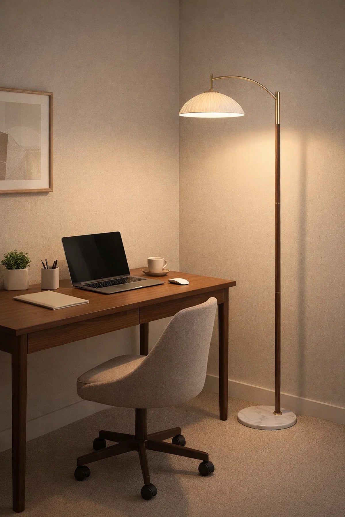 Modern Arc Floor Lamp with Marble Base and Wooden Stand for Living Room