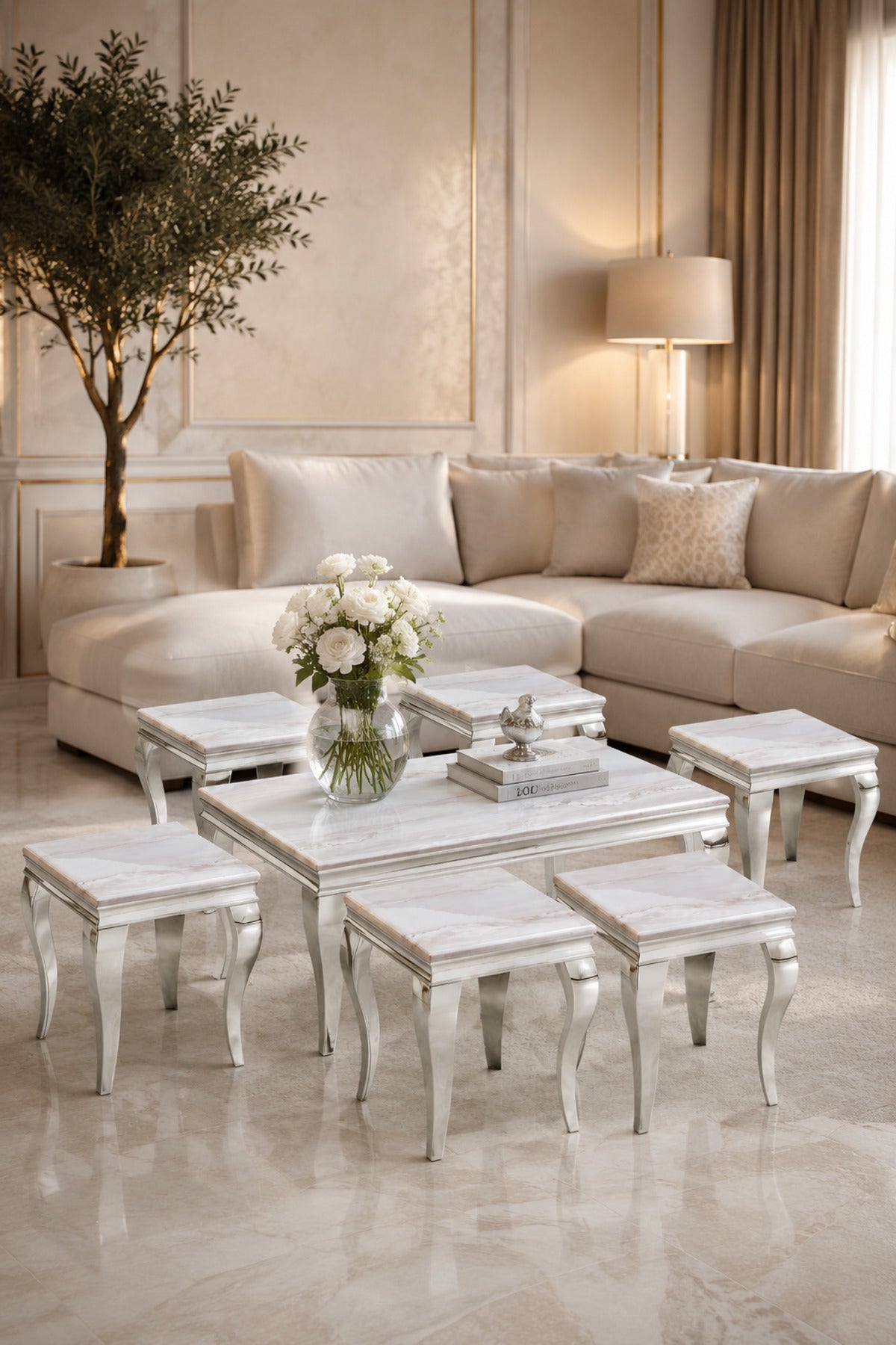 Luxury Silver Marble Coffee Table Set 1+6 √ê Classic Elegant Design