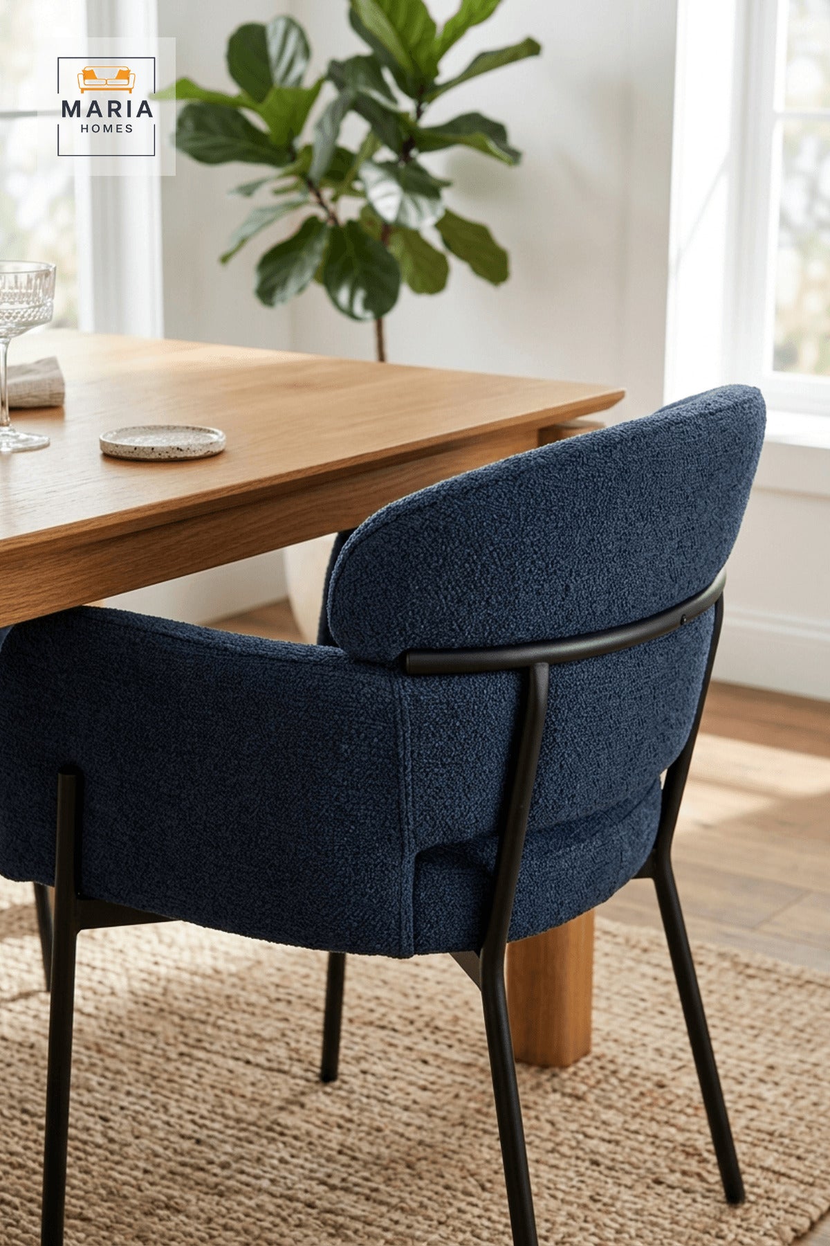 Dark Blue Upholstered Dining Chair with Black Metal Legs, Modern Accent Seat